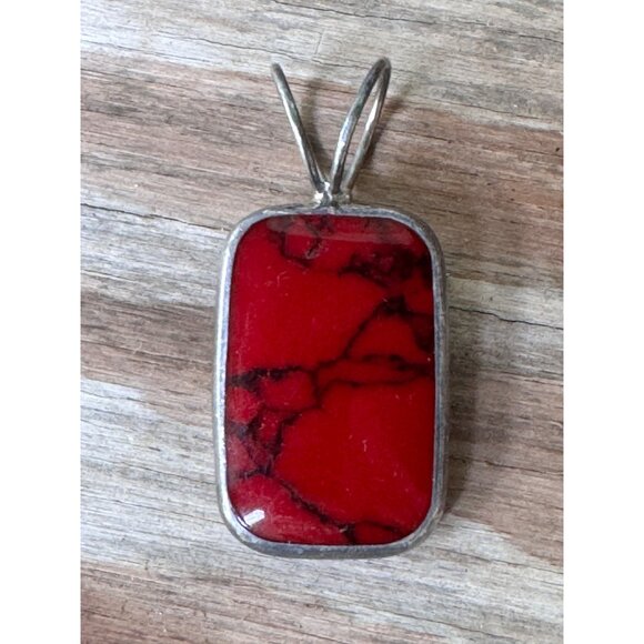 Vintage Sterling Silver & Red Jasper Pendant Rectangle Shape Marked Mexico 925 2 - Picture 1 of 7